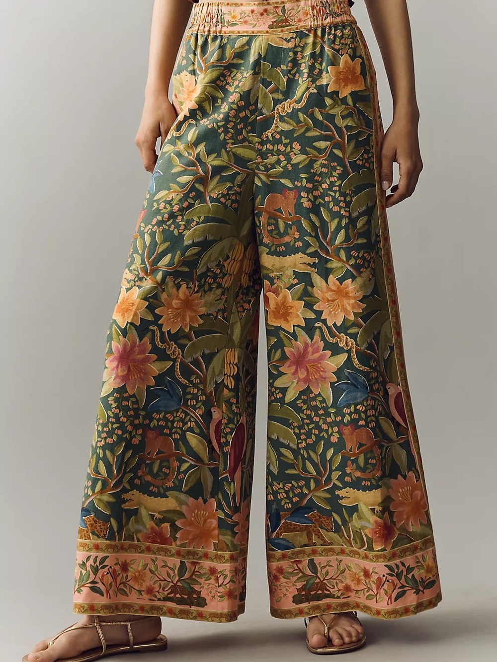 FARM Rio Olive Green Botanical Wide-Leg Pants with Peach Floral